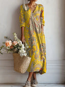 Women's Boho Paisley Midi – V Neck Button Placket Long Sleeve Loose Casual Dress