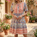 Women's Boho Paisley Print Midi Dress – V Neck Tie Short Sleeve Tiered