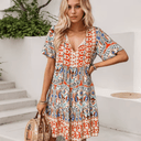 Women's Boho Paisley Print Midi Dress – V Neck Tie Short Sleeve Tiered