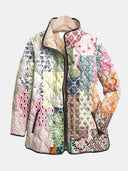 Women's Boho Patchwork Floral Quilted Jacket – Stand Collar Snap Front Long Sleeve Coat