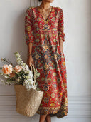 Women's Boho Persian Print Midi Dress – V Neck 3/4 Sleeve Everyday