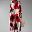 Women's Boho Poppy Floral Midi – V Neck Long Sleeve Oversized Casual Dress