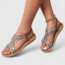 Women's Boho Rhinestone Flat Sandals – Open Toe Floral Slingback Beach Summer