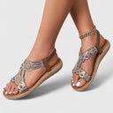 Women's Boho Rhinestone Flat Sandals – Open Toe Floral Slingback Beach Summer