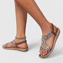 Women's Boho Rhinestone Flat Sandals – Open Toe Floral Slingback Beach Summer