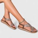 Women's Boho Rhinestone Flat Sandals – Open Toe Floral Slingback Beach Summer