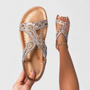 Women's Boho Rhinestone Flat Sandals – Open Toe Floral Slingback Beach Summer