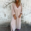Women's Boho Solid Maxi Dress – V Neck Puff Sleeve Side Slit Pockets Summer