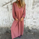 Women's Boho Solid Maxi Dress – V Neck Puff Sleeve Side Slit Pockets Summer