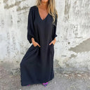 Women's Boho Solid Maxi Dress – V Neck Puff Sleeve Side Slit Pockets Summer