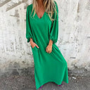 Women's Boho Solid Maxi Dress – V Neck Puff Sleeve Side Slit Pockets Summer