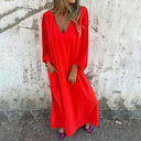 Women's Boho Solid Maxi Dress – V Neck Puff Sleeve Side Slit Pockets Summer