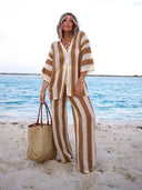 Women's Boho Striped Crochet Two-Piece Set – Beach Vacation Wide Leg Pants Top