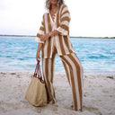 Women's Boho Striped Crochet Two-Piece Set – Beach Vacation Wide Leg Pants Top
