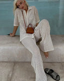 Women's Boho Striped Crochet Two-Piece Set – Beach Vacation Wide Leg Pants Top