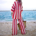 Women's Boho Striped Crochet Two-Piece Set – Beach Vacation Wide Leg Pants Top