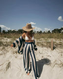 Women's Boho Striped Crochet Two-Piece Set – Beach Vacation Wide Leg Pants Top