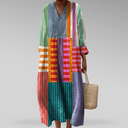 Women's Boho Striped Patchwork Midi – V Neck Long Sleeve Casual Summer Dress