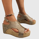 Women's Boho Studded Cork Wedge Sandals – Open Toe Slingback Summer Platform