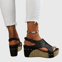 Women's Boho Studded Cork Wedge Sandals – Open Toe Slingback Summer Platform