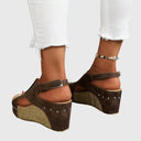 Women's Boho Studded Cork Wedge Sandals – Open Toe Slingback Summer Platform