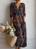 Women's Boho Tapestry Floral Midi – V Neck Long Sleeve Loose Casual Everyday Dress