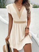 Women's Boho Textured Mini Dress – V Neck Flutter Sleeve Lace Trim Summer Wedding