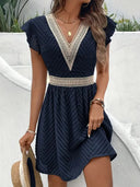 Women's Boho Textured Mini Dress – V Neck Flutter Sleeve Lace Trim Summer Wedding