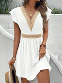 Women's Boho Textured Mini Dress – V Neck Flutter Sleeve Lace Trim Summer Wedding