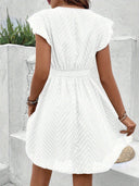 Women's Boho Textured Mini Dress – V Neck Flutter Sleeve Lace Trim Summer Wedding