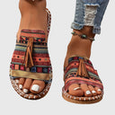 Women's Boho Tribal Print Tassel Flat Sandals – Open Toe Slip On Casual Summer