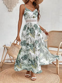 Women's Boho Tropical Leaf Print Maxi – V Neck Cami Crochet Waist Summer Dress
