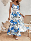 Women's Boho Tropical Leaf Print Maxi – V Neck Cami Crochet Waist Summer Dress