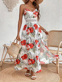 Women's Boho Tropical Leaf Print Maxi – V Neck Cami Crochet Waist Summer Dress