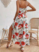 Women's Boho Tropical Leaf Print Maxi – V Neck Cami Crochet Waist Summer Dress
