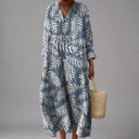 Women's Boho Tropical Leaf Print Midi – V Neck Long Sleeve Oversized Casual Dress
