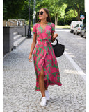 Women's Bold Floral Wrap Maxi – V Neck Short Sleeve Tie Waist Split Summer Dress