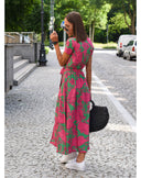 Women's Bold Floral Wrap Maxi – V Neck Short Sleeve Tie Waist Split Summer Dress