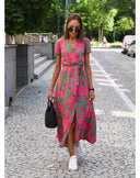 Women's Bold Floral Wrap Maxi – V Neck Short Sleeve Tie Waist Split Summer Dress