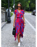 Women's Bold Floral Wrap Maxi – V Neck Short Sleeve Tie Waist Split Summer Dress