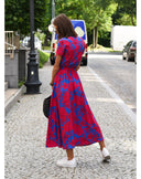Women's Bold Floral Wrap Maxi – V Neck Short Sleeve Tie Waist Split Summer Dress
