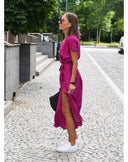 Women's Bold Floral Wrap Maxi – V Neck Short Sleeve Tie Waist Split Summer Dress