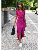Women's Bold Floral Wrap Maxi – V Neck Short Sleeve Tie Waist Split Summer Dress