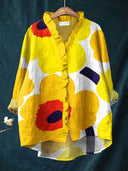 Women's Bold Geometric Floral Print Blouse – Ruffle V Neck Long Sleeve Casual Everyday Top