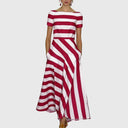 Women's Bold Striped Maxi – Boat Neck Short Sleeve A-Line Wedding Guest Dress