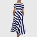 Women's Bold Striped Maxi – Boat Neck Short Sleeve A-Line Wedding Guest Dress
