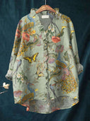 Women's Botanical Bird and Butterfly Print Blouse – Ruffle V Neck Long Sleeve Casual Top