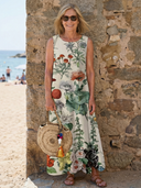 Women's Botanical Floral Maxi – Round Neck Sleeveless Placement Print Beach Summer Dress