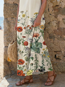 Women's Botanical Floral Maxi – Round Neck Sleeveless Placement Print Beach Summer Dress
