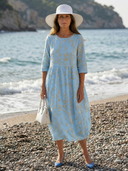 Women's Botanical Print Midi – Round Neck 3/4 Sleeve Gathered Waist Summer Dress